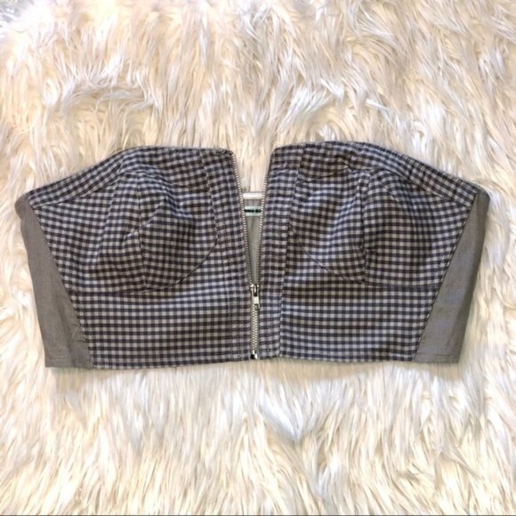 NWOT - Grey Front Zipper Bandeau Crop Top Gingham - Picture 2 of 6